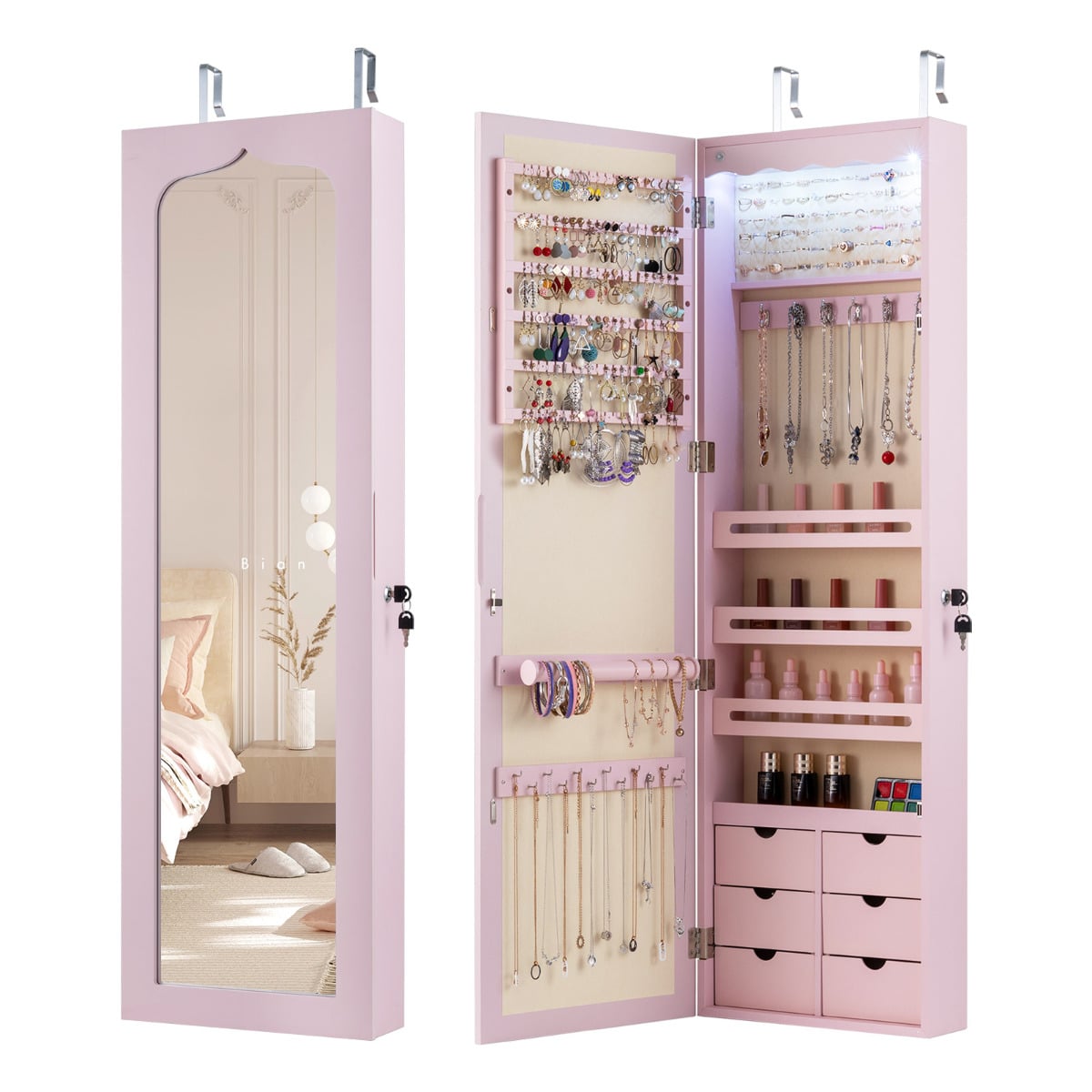Wall Mounted Jewellery Armoire with LED Light-Pink