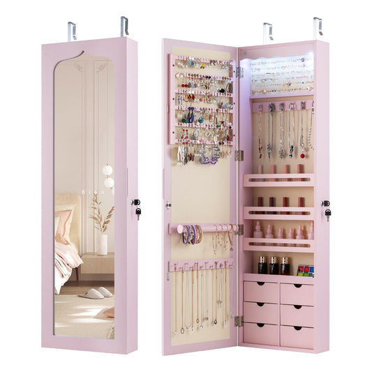 Wall Mounted Jewellery Armoire with LED Light-Pink