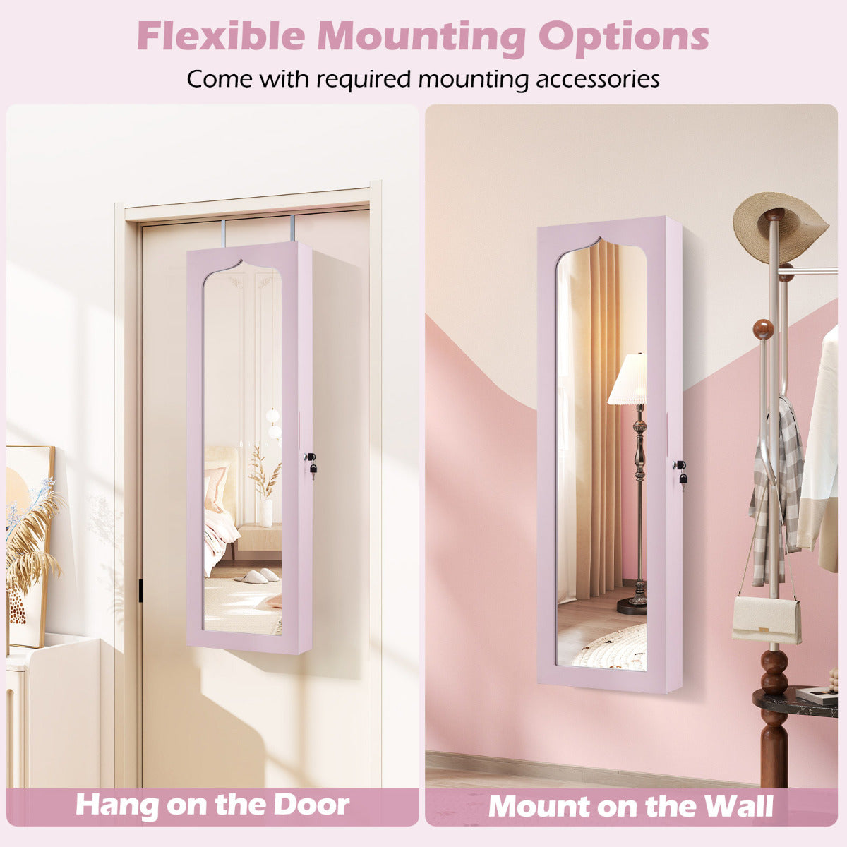 Wall Mounted Jewellery Armoire with LED Light-Pink