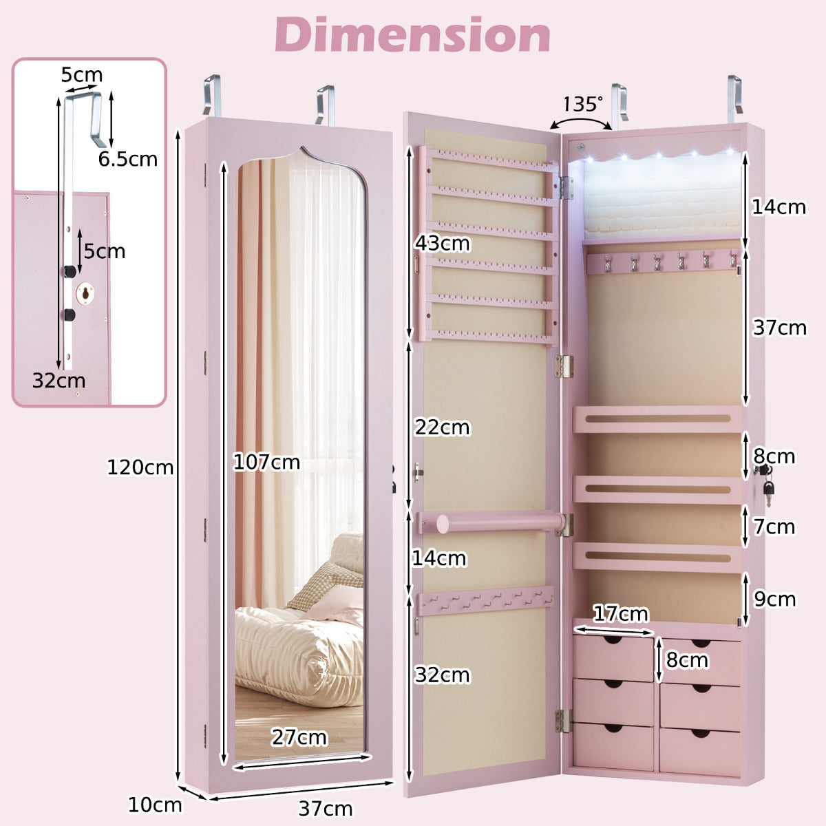 Wall Mounted Jewellery Armoire with LED Light-Pink