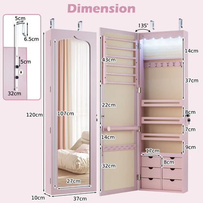 Wall Mounted Jewellery Armoire with LED Light-Pink