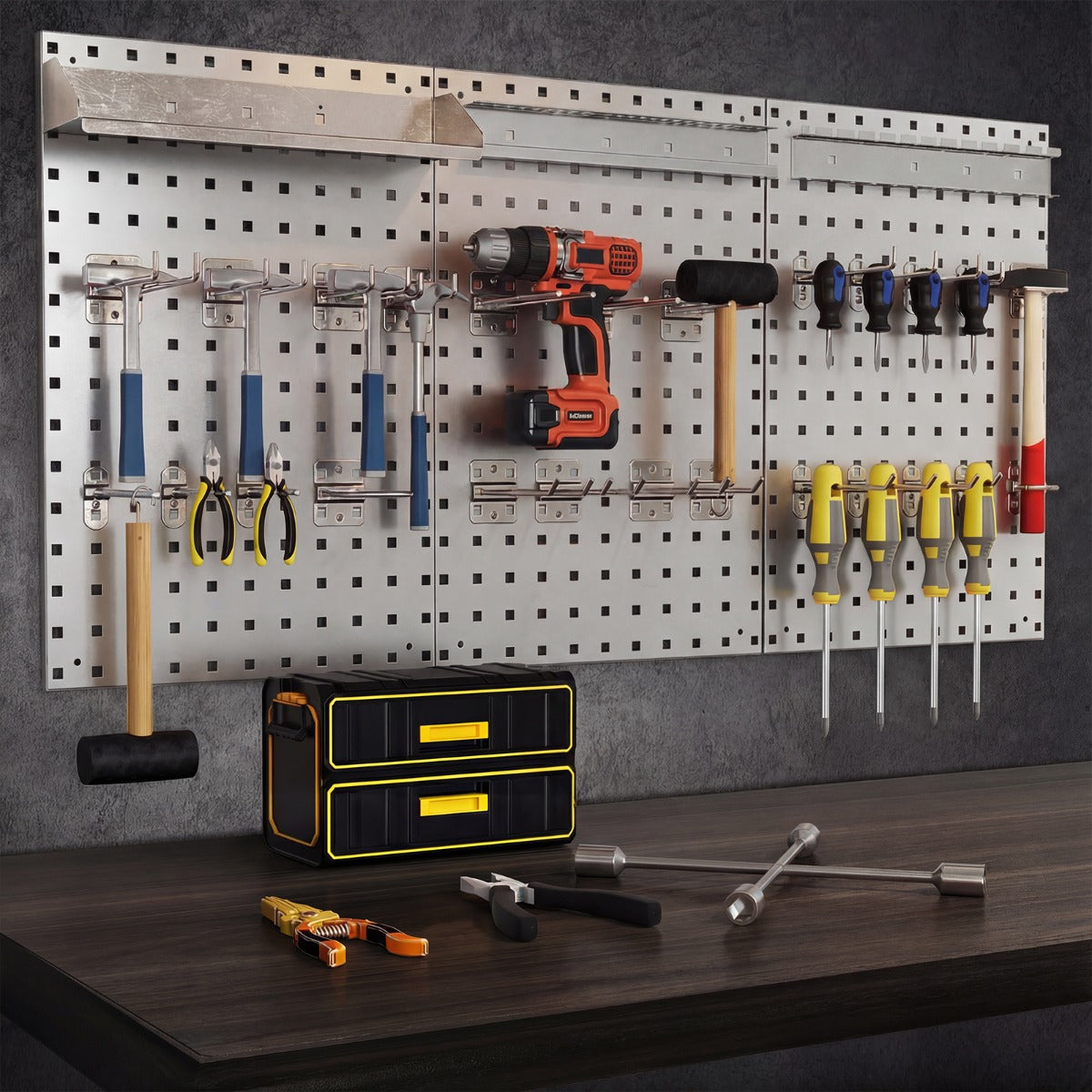 Wall-Mounted Pegboard Tool Organizing Kit with 28 PCS Hanging Accessories-Silver