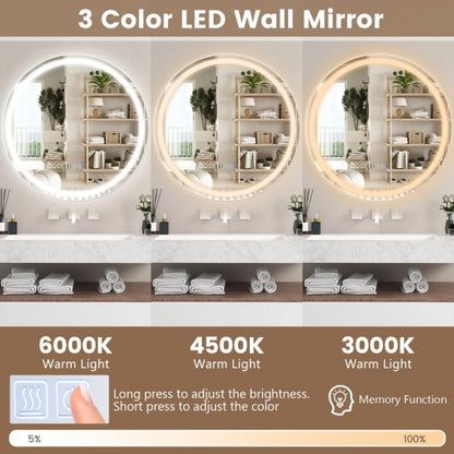 Wall Mounted Round Mirror with 3-Color Dimmable Lights and 3-Color Dimmable