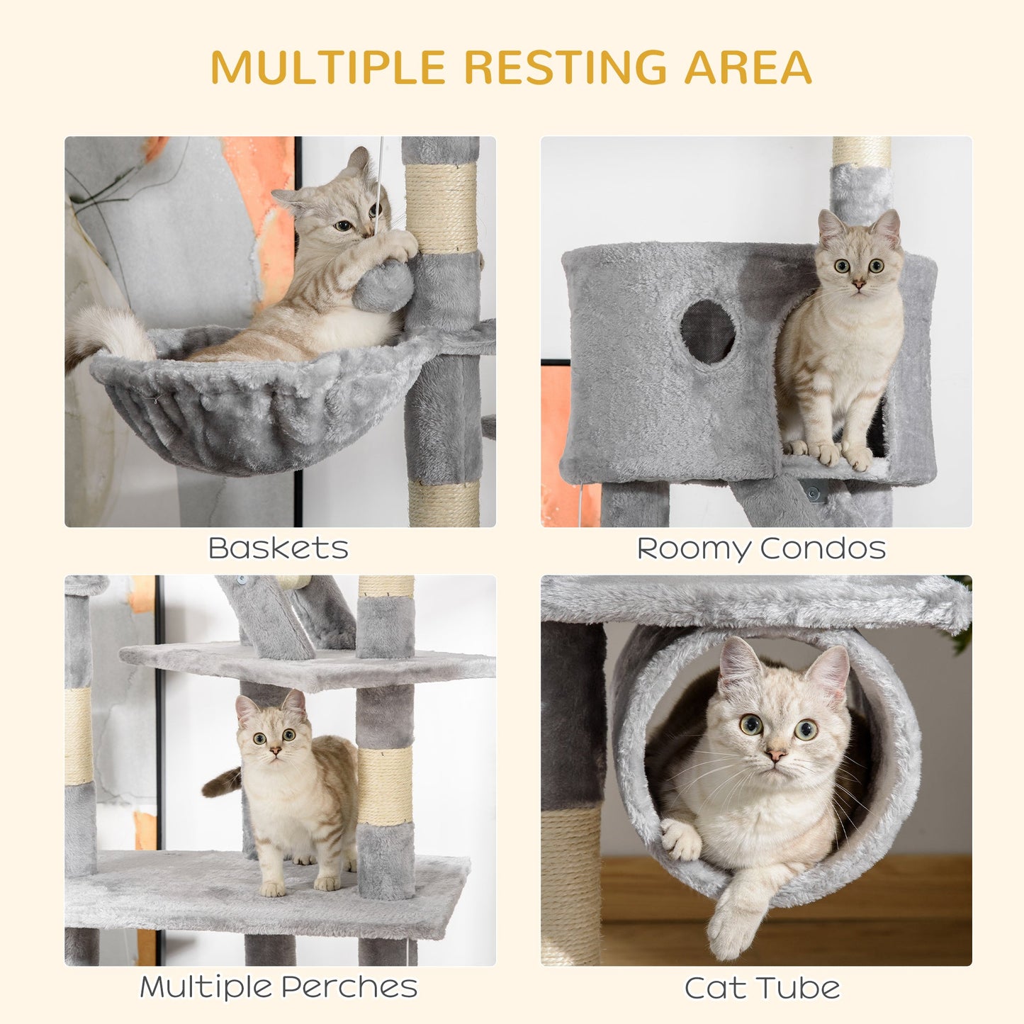 PawHut Floor to Ceiling Cat Tree for Indoor Cats, 240-260cm, Adjustable Height - Light Grey