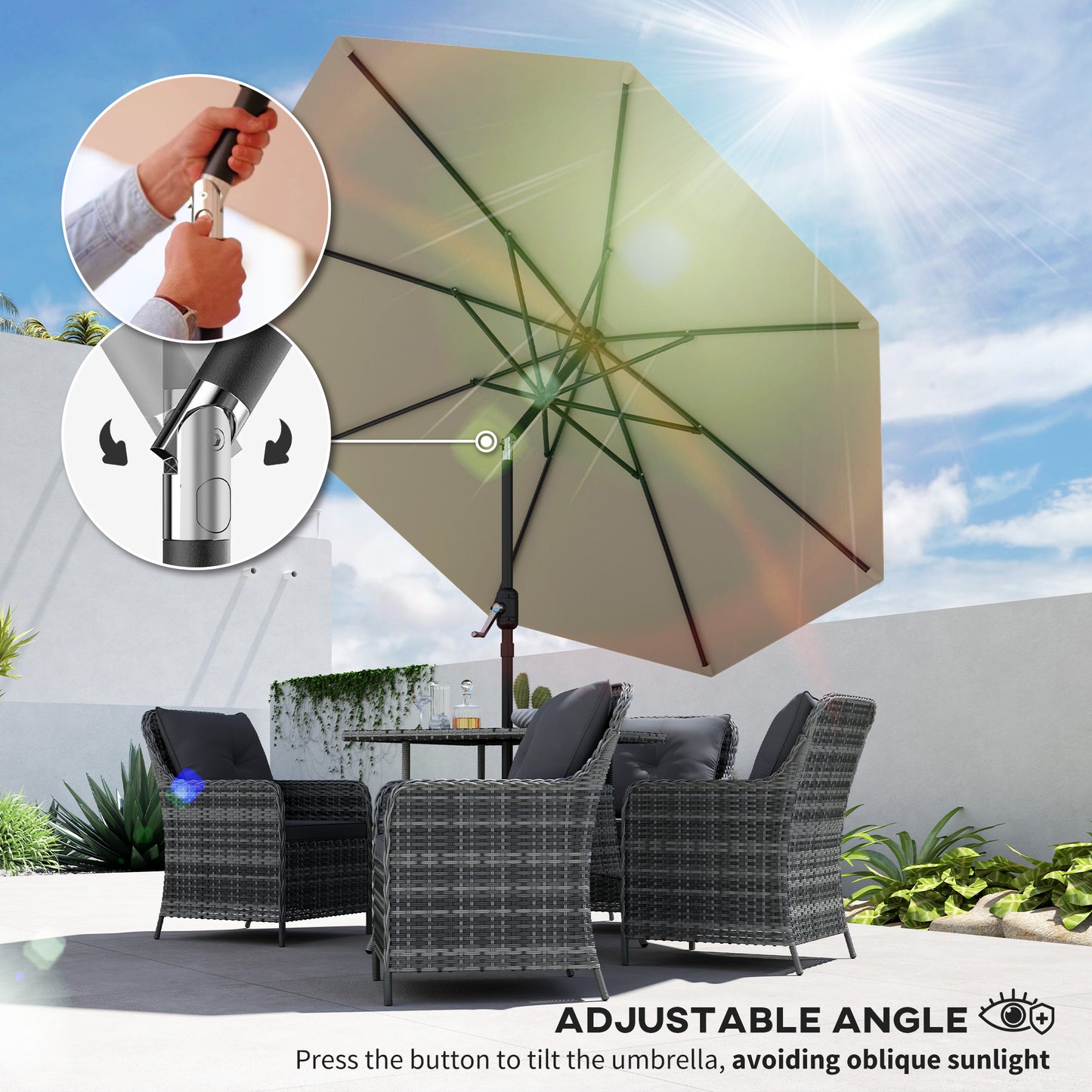 Outsunny 2.6M Parasol ogrodowy z pochylanym i korbowym uchwytem, ​​zewnętrzny parasol przeciwsłoneczny z aluminiową ramą, jasnoszary