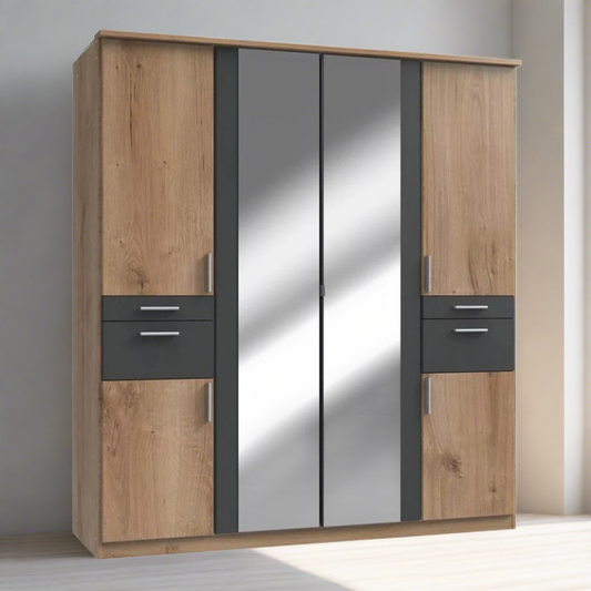 Wardrobe KODERA 4 Door Mirrored Wardrobe Oak 180cm