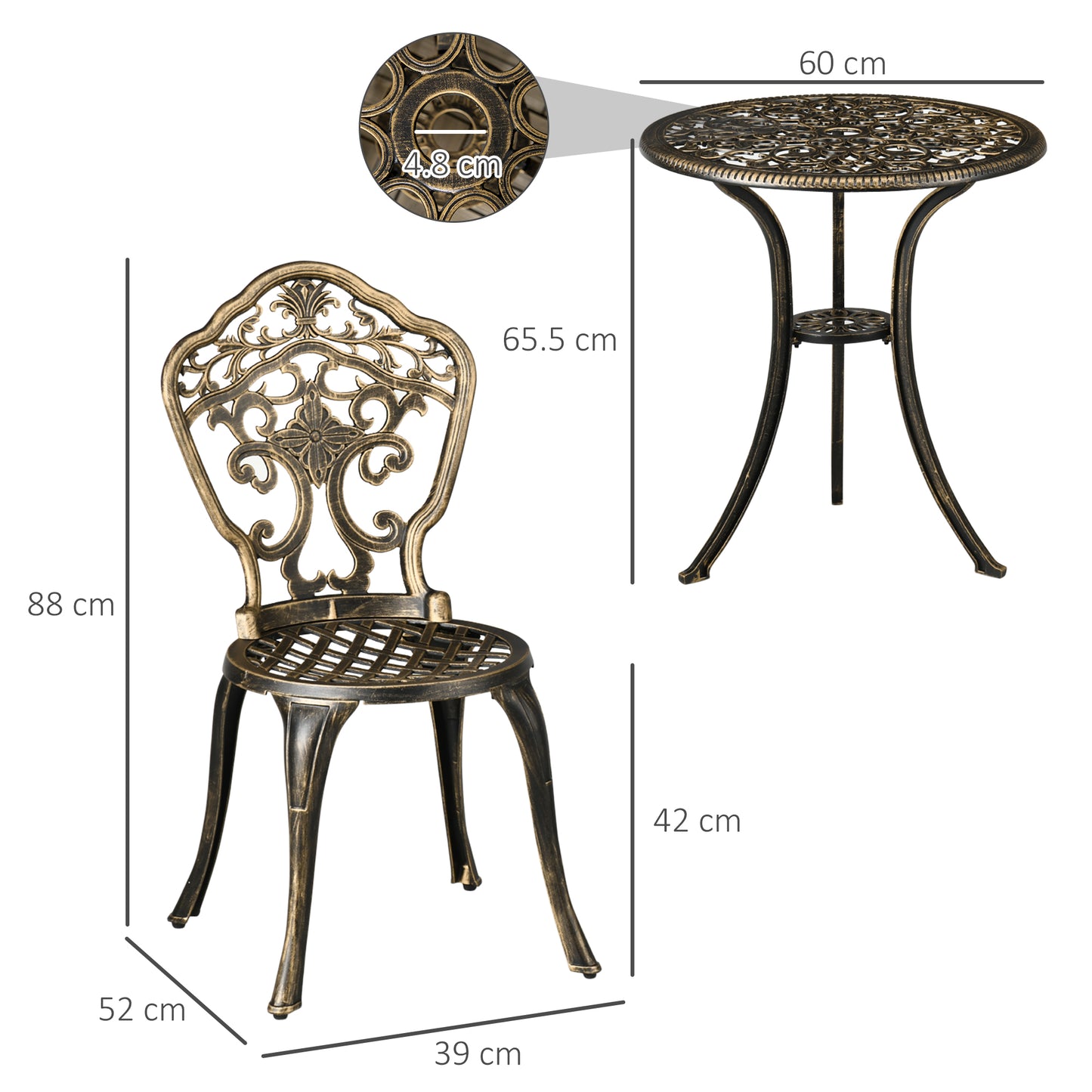Outsunny 3-częściowy zestaw ogrodowy z odlewu aluminiowego dla 2 osób z otworem na parasol, zestaw stolików kawowych do ogrodu, dwa krzesła bez podłokietników i okrągły stolik kawowy na balkon, patio, brąz