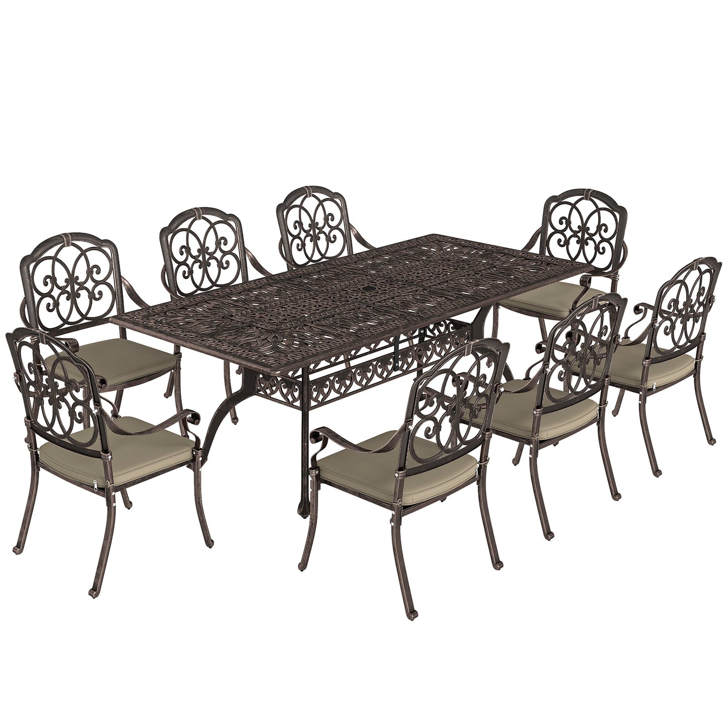 Outsunny 9 Piece Cast Aluminium Garden Dining Set, Garden Table and Chairs Set with Cushions, Parasol Hole for Patio, Bronze Tone