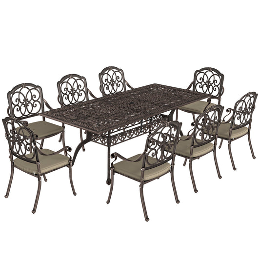 Outsunny 9 Piece Cast Aluminium Garden Dining Set, Garden Table and Chairs Set with Cushions, Parasol Hole for Patio, Bronze Tone