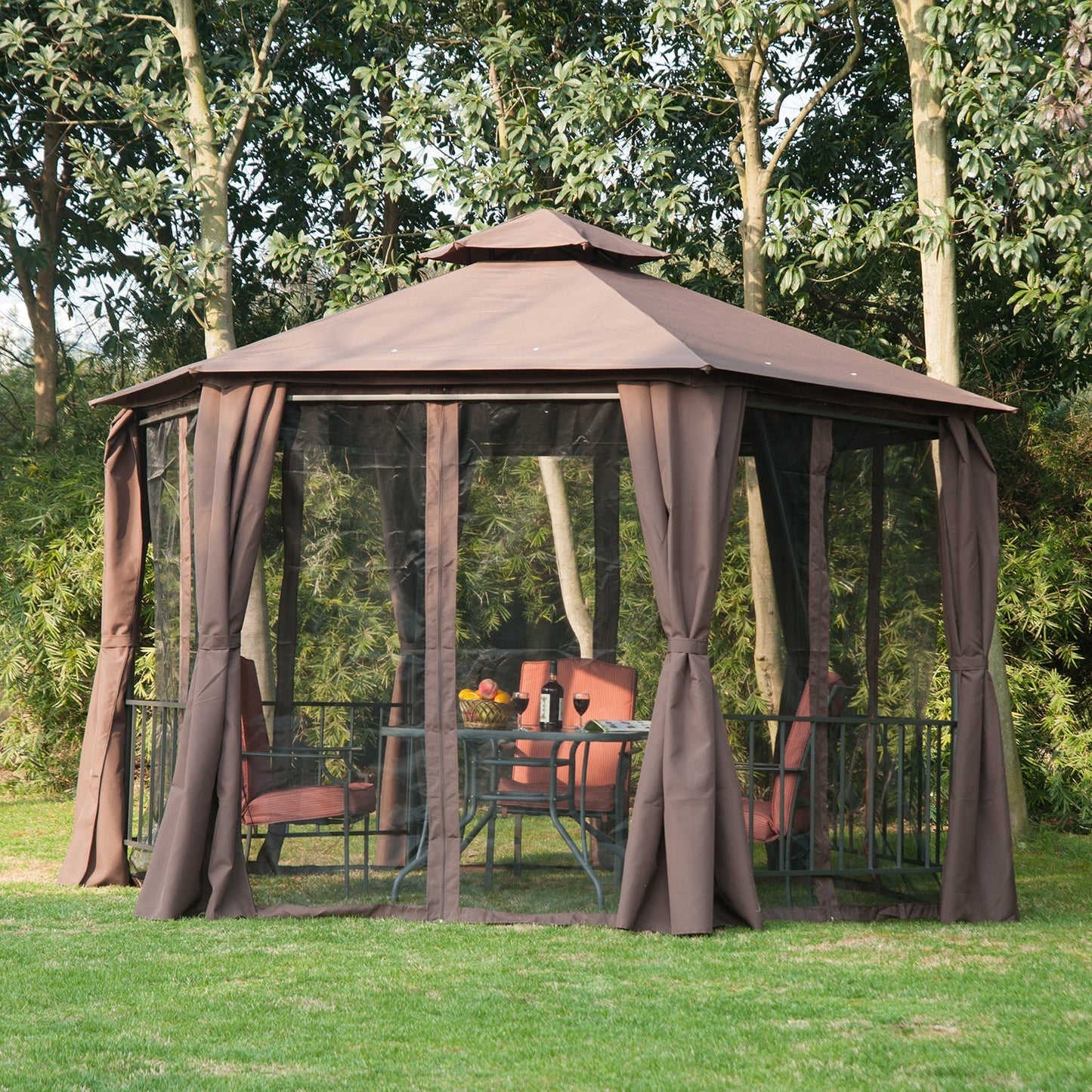 Outsunny Hexagon Gazebo Patio Canopy Party Tent في الهواء الطلق حديقة مأوى مع سقف من طبقتين ولوحة جانبية - بني