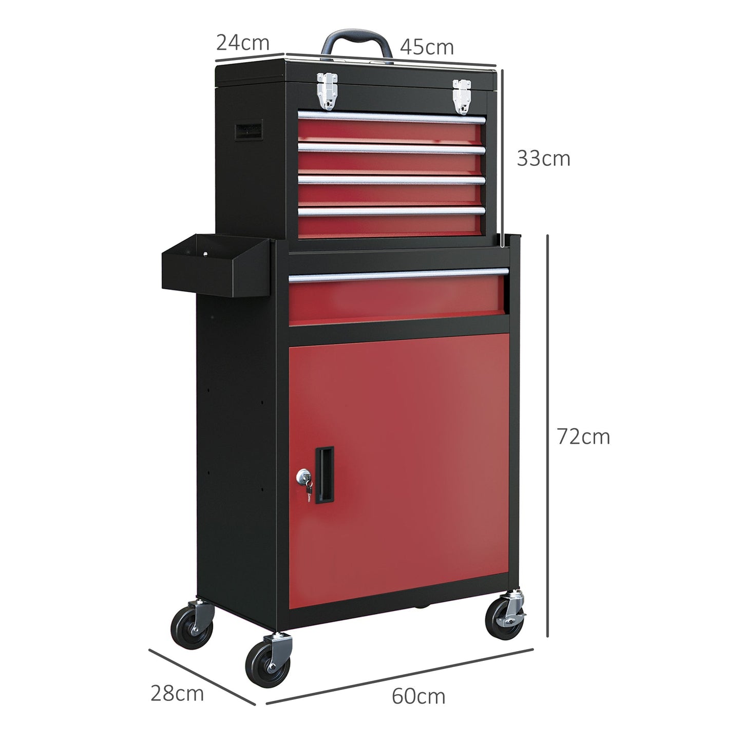 Rolling Tool Cabinet on Wheels with 5 Drawers and Lockable Cabinet, Portable Top Tool Chest and Roller Cabinet Combo for Workshop and Home, Red