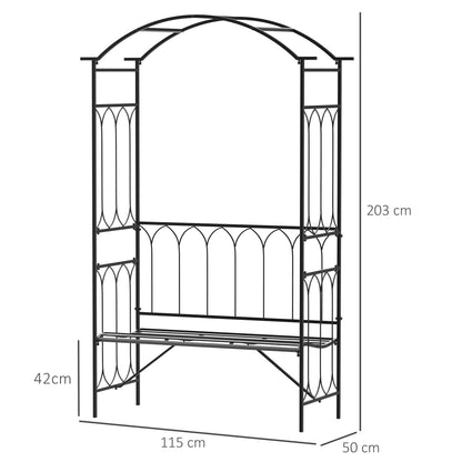 Outsunny Garden Metal Arch Bench Outdoor 2-Seater Chair, Patio Rose Trellis Arbour Pergola for Climbing Plant Vintage Classic Black 115x50x203H cm