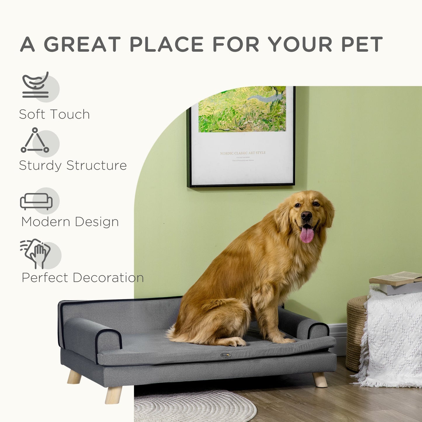 PawHut Dog Sofa with Legs Water-resistant Fabric, Pet Chair Bed for Large, Medium Dogs, Grey, 100 x 62 x 32 cm