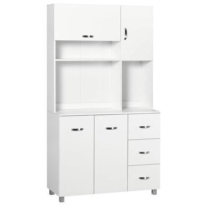 HOMCOM Kitchen Cupboard, 183cm Tall Storage Cabinet with Countertop, Sideboard with 3 Small Drawers, Flip Up Top Door, 3 Cabinet Doors and Open Shelves, 100W x 39.5D x 183.5H cm, White