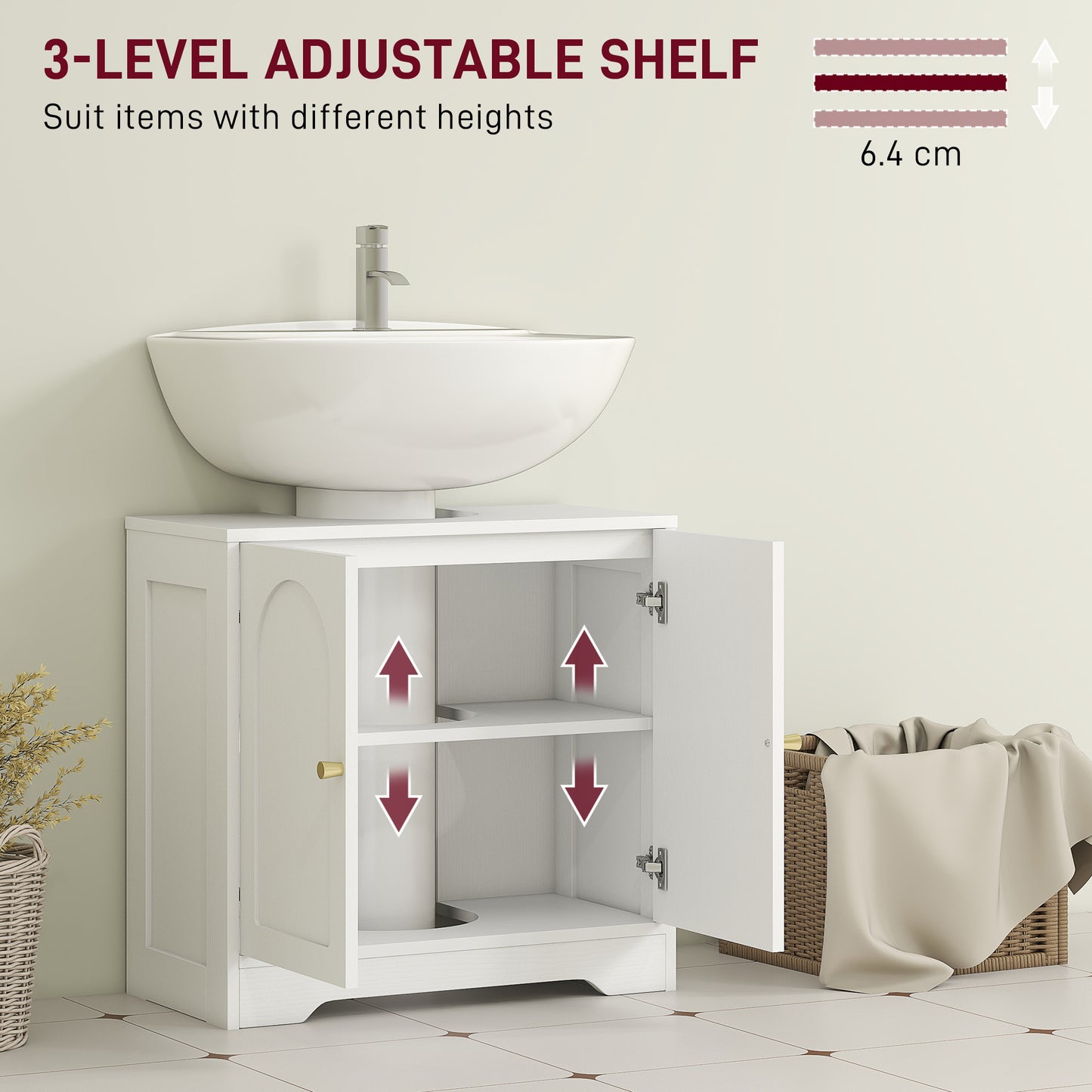 HOMCOM Under Sink Bathroom Cabinet with 2 Arch Doors - White