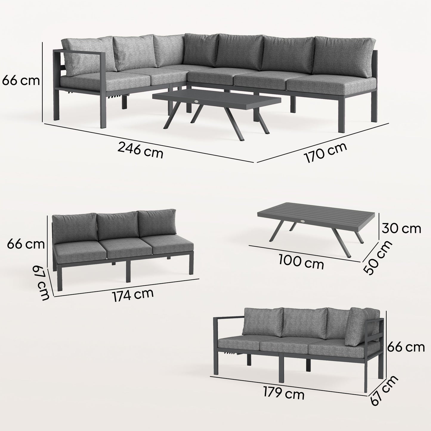 Outsunny 3 Pieces Garden Furniture Set, Aluminium Corner Lounge Set with Adjustable Backrest and Coffee Table