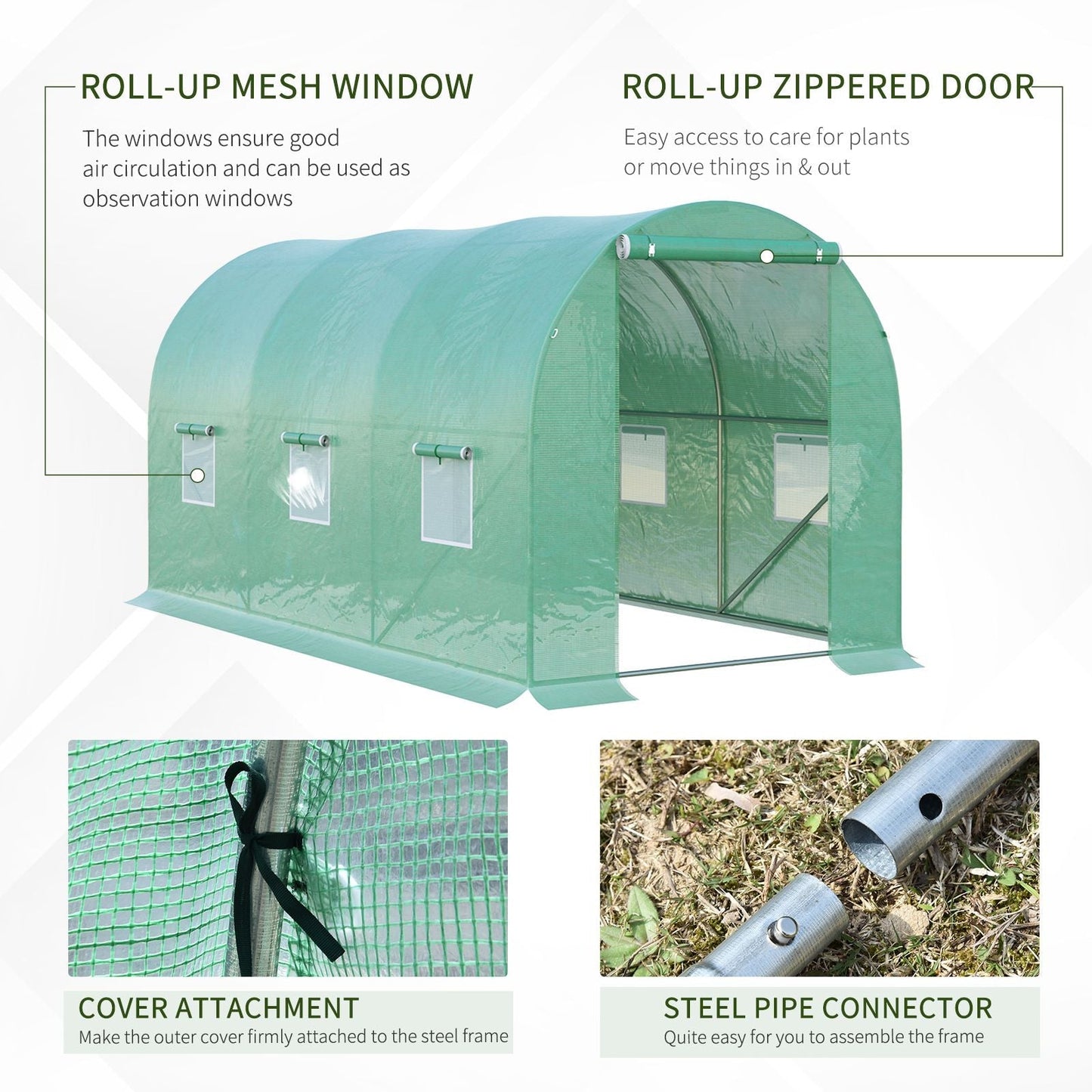 Outsunny 4L x 2W x 2H Polytunnel Greenhouse Garden Flower Vegetable Planter 25mm Diameter Galvanised Steel Frame w/ Zipped Door-Green