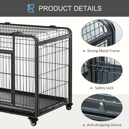 PawHut Heavy Duty Dog Crates Foldable Indoor Dog Kennel and Dog Cage Pet Playpen with Double Doors Removable Tray Lockable Wheels Openable Top