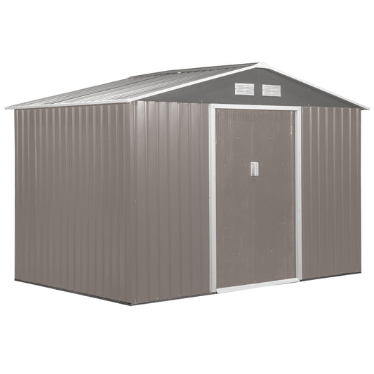 Outsunny 9 x 6FT Outdoor Garden Roofed Metal Storage Shed Tool Box z wentylacją fundamentową i drzwiami Jasny, szary