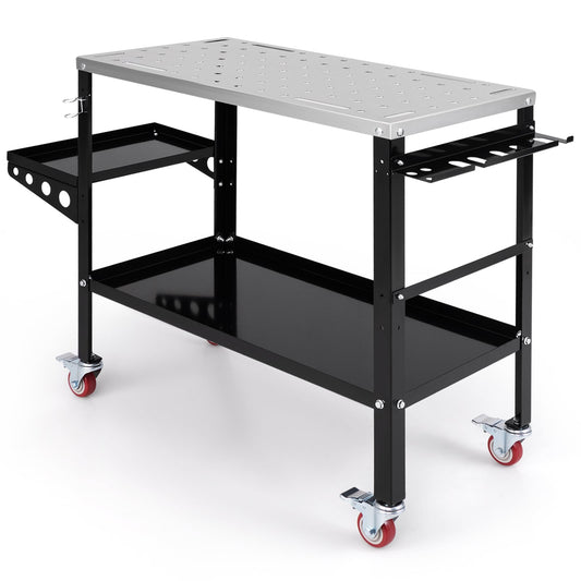 Welding Table Workbench on Wheels with Tool Rack and Tray-Black