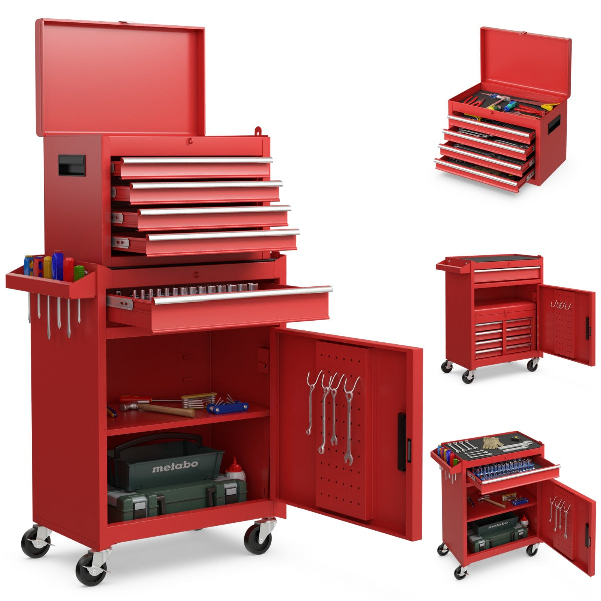 High Capacity Tool Storage Cabinet with Lockable Wheels-Red