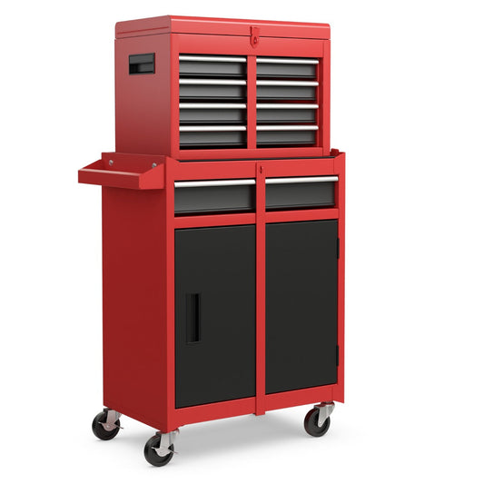 High Capacity Tool Storage Cabinet with Lockable Wheels-Black & Red