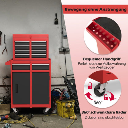 High Capacity Tool Storage Cabinet with Lockable Wheels-Black & Red