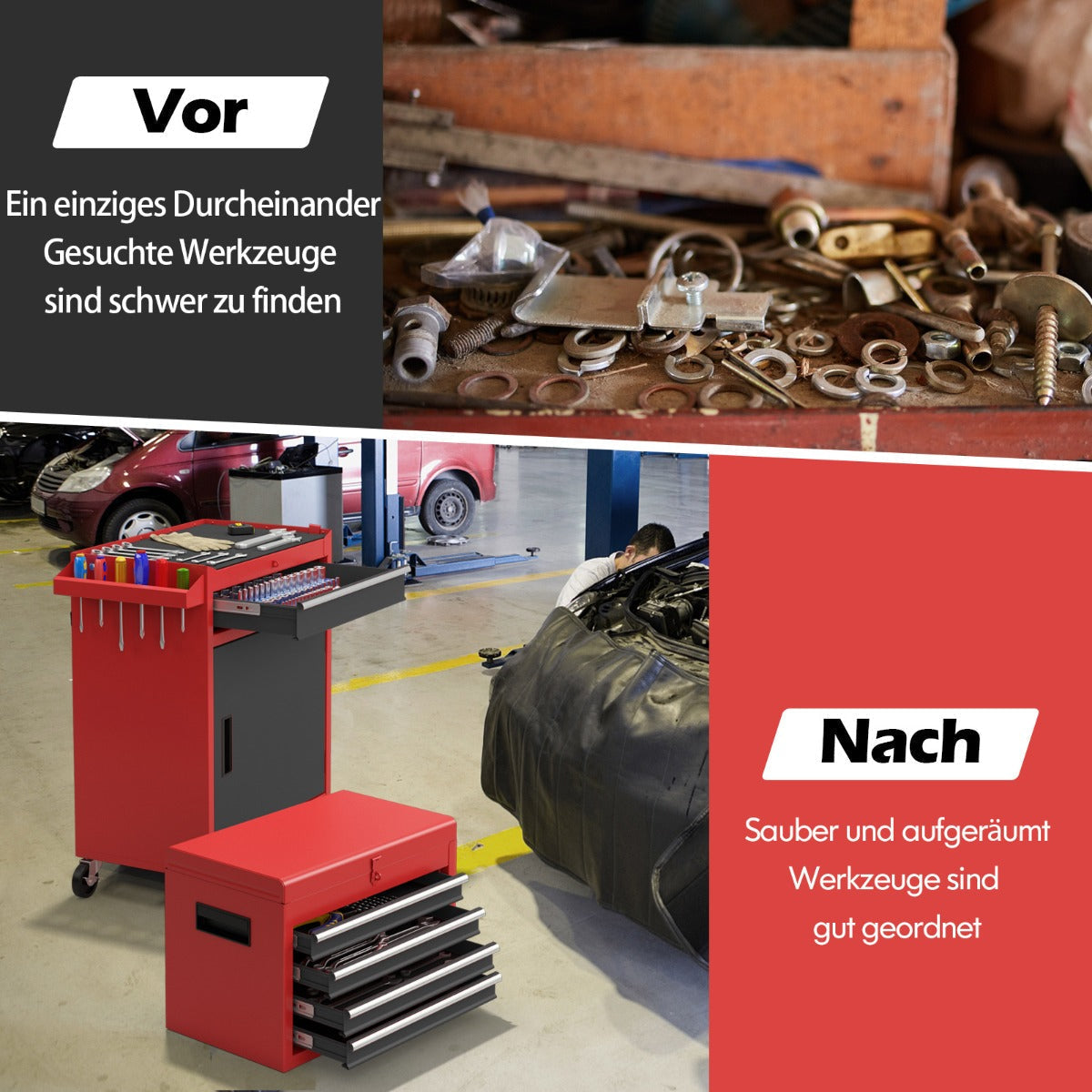 High Capacity Tool Storage Cabinet with Lockable Wheels-Black & Red