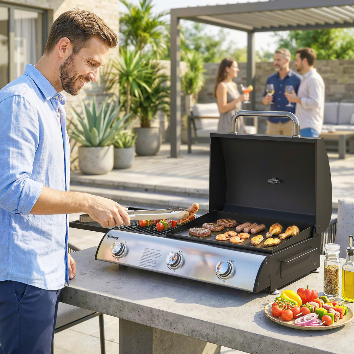 Outsunny 3 Burner Portable Gas Plancha BBQ Grill, 7.5 kW Outdoor Tabletop Gas Barbecue Grill with Griddle, Thermometer,, Black