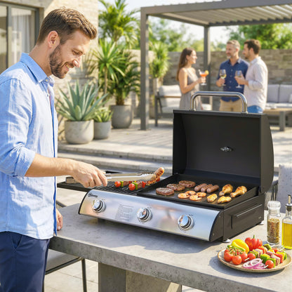 Outsunny 3 Burner Portable Gas Plancha BBQ Grill, 7.5 kW Outdoor Tabletop Gas Barbecue Grill with Griddle, Thermometer,, Black