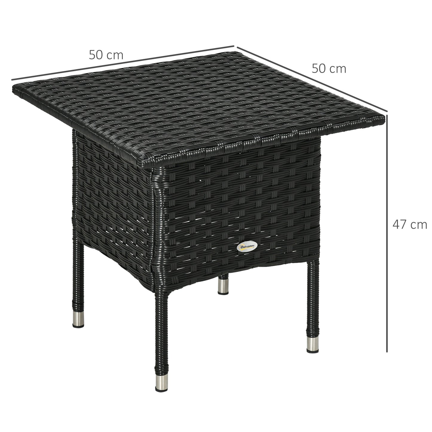 Outsunny Rattan Side Table, Outdoor Coffee Table, with Plastic Board Under the Full Woven Table Top for Patio, Garden, Balcony, Black