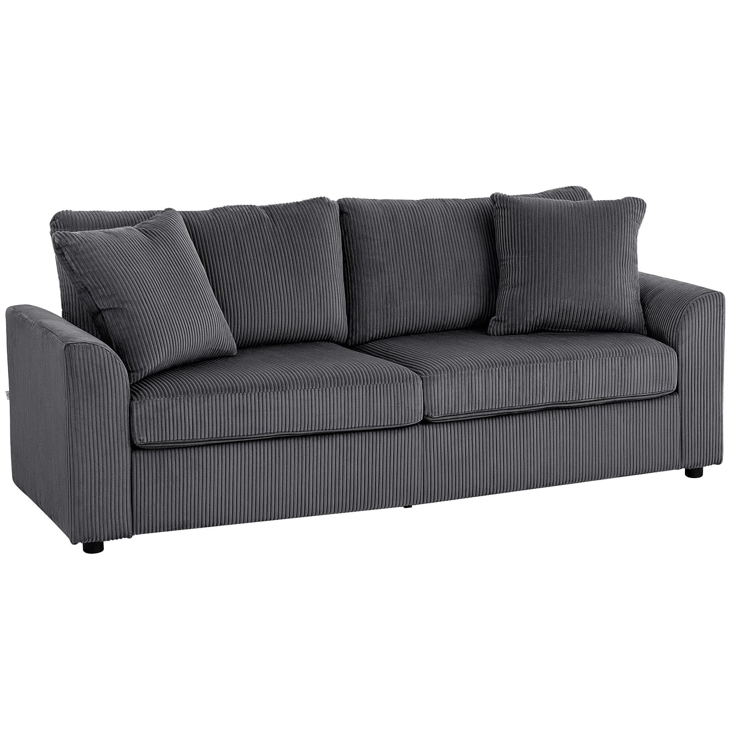 HOMCOM Nowoczesna sofa 3-osobowa z poduszką sprężynową, 212 cm, materiałowa, Jumbo Cord Sofa z 2 poduszkami dekoracyjnymi, tapicerowana sofa z kordu do salonu, sypialni, gabinetu, w kolorze szarym