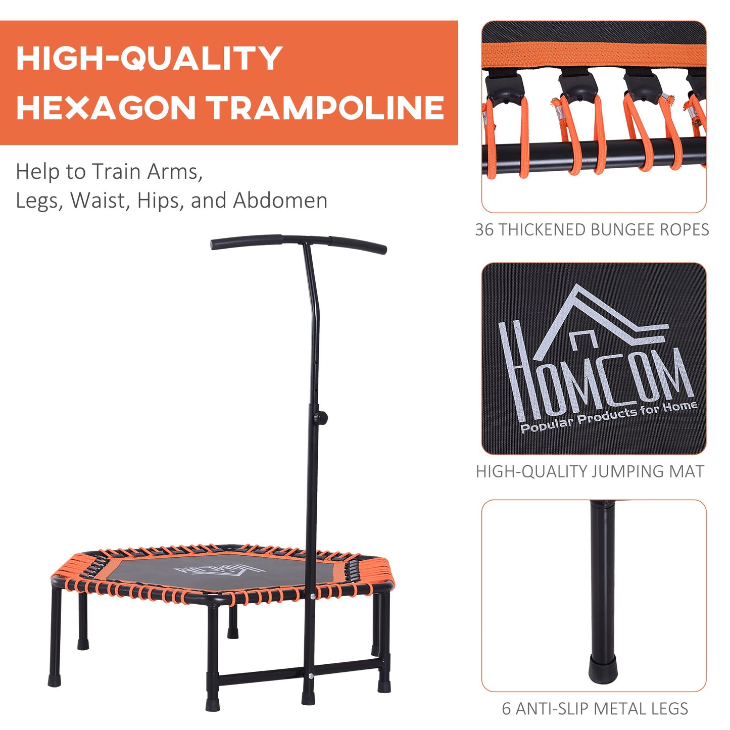 HOMCOM Mini Trampoline Hexagon Exercise Bungee Rebounder Jumper w/ Adjustable Handle Bar