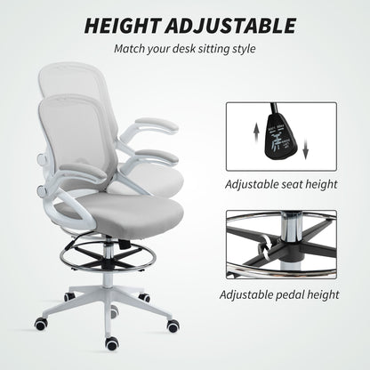 Vinsetto Drafting Chair with Flip-up Armrest, Mesh Office Stool with Foot Ring, 360 Degree Swivel Height Adjustable Chair for Standing Desk, Light Grey