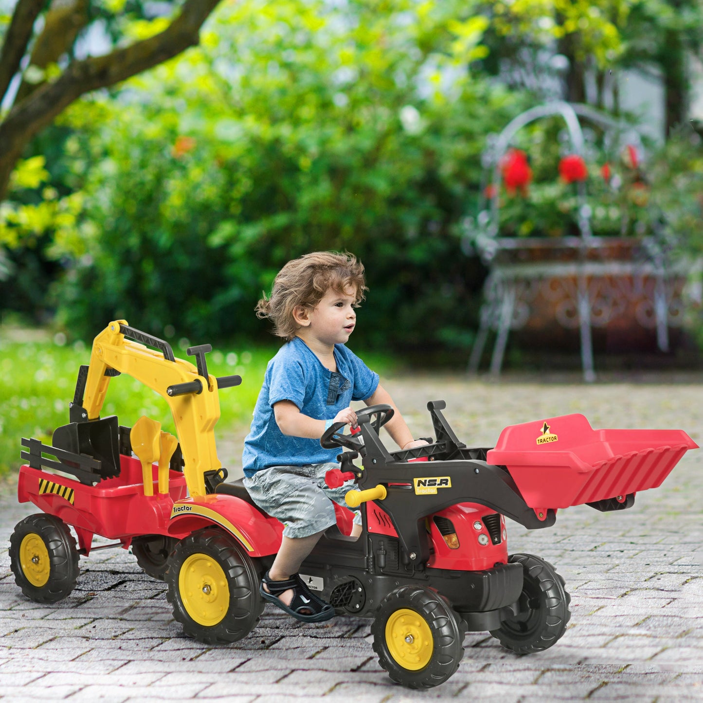 HOMCOM Kids Dziecięcy Gokart na pedały Zabawka Samochód Koparka Traktor z Ruchomą Łyżką Kierownica Zdejmowana Koparka Dla Dzieci w Wieku 3-6 Lat
