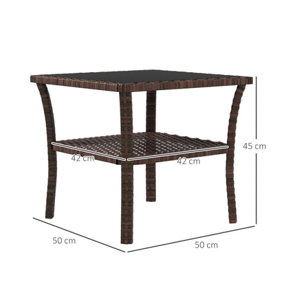 Outsunny 50cm Outdoor PE Rattan Coffee Table, Patio Wicker Two-tier Side Table with Glass Top, for Patio, Garden, Balcony, Brown