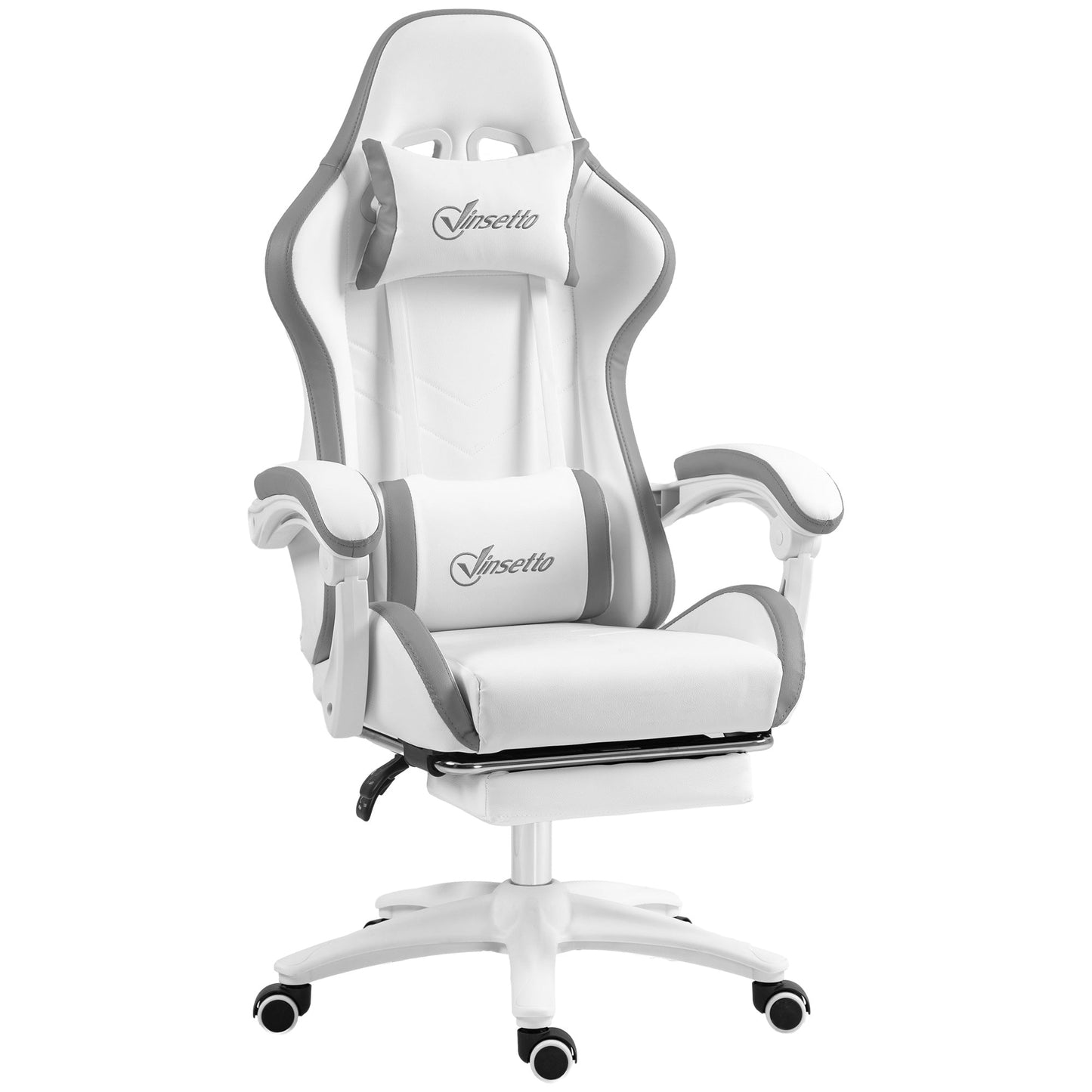 Vinsetto Racing Gaming Reclining PU Leather Computer Chair W/ 360 Degree Swivel Seat, Footrest, Removable Headrest and Lumber Support, White and Grey