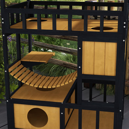 PawHut Outdoor Cat Shelter, Four-Tier Wooden Feral Cat House, with Suspension Bridge, Cat Houses, Balcony, Escape Doors