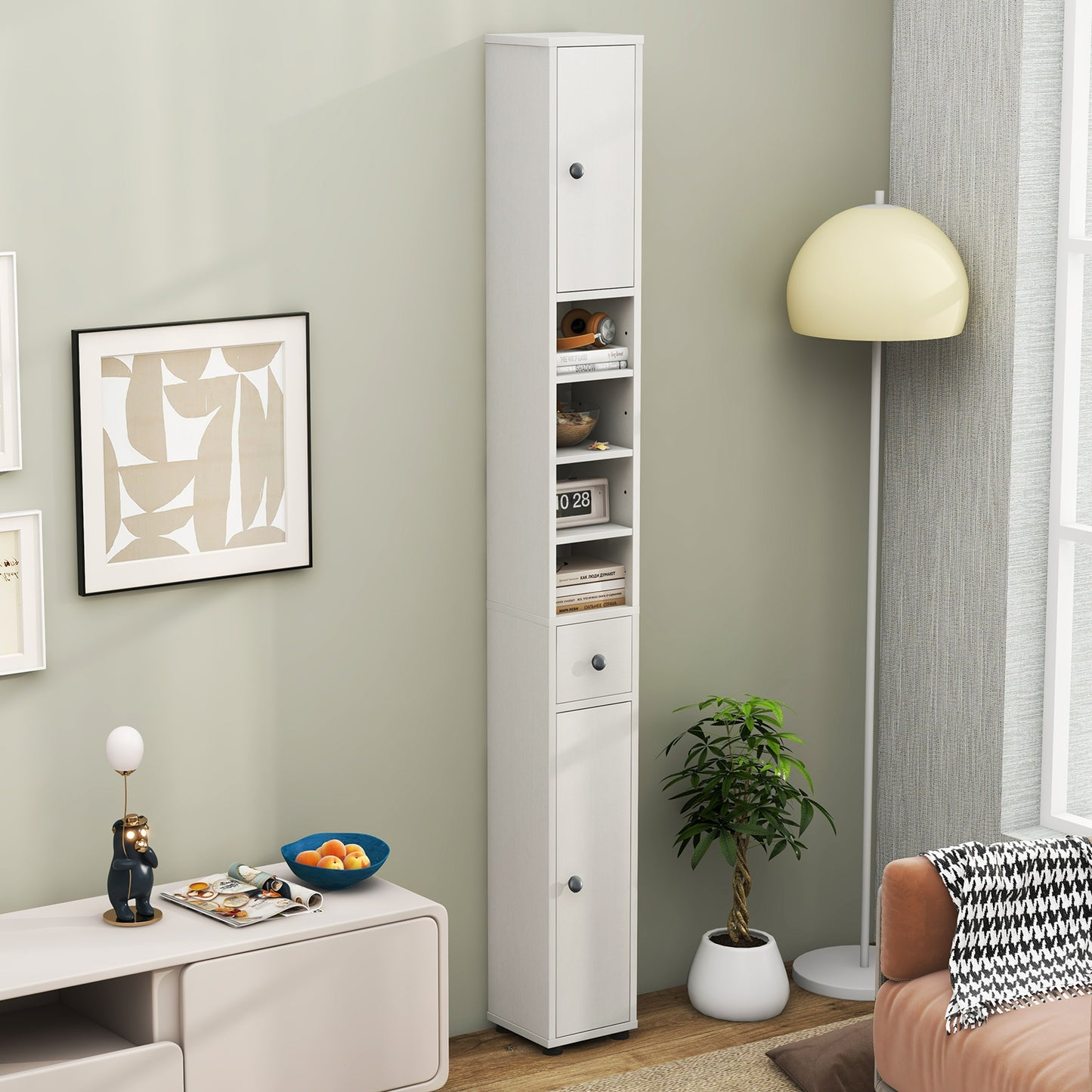 Freestanding Slim Bathroom Cabinet with Drawer and Adjustable Shelves-White