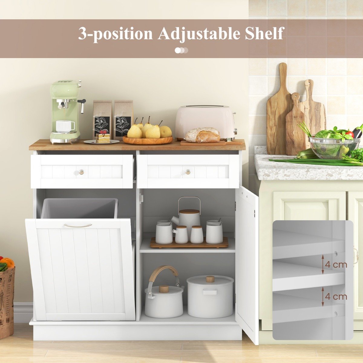Kitchen Tilt-Out Trash Cabinet with 2 Drawers and Adjustable Shelves-White