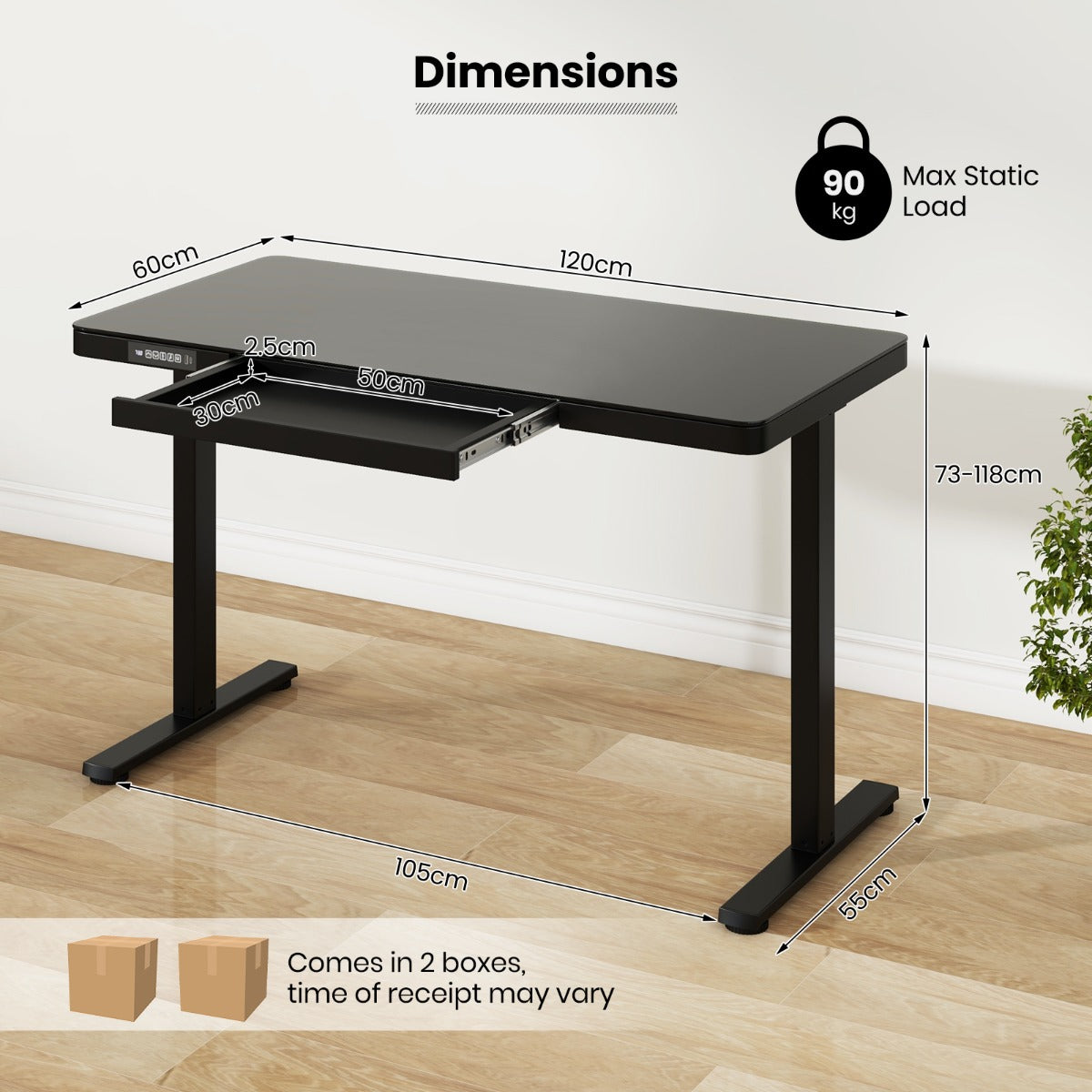 120 x 60 CM Whole-Piece Glass Standing Desk with Drawers, Height Adjustable Desk, Electric Stand up Desk with Writable Tempered Glass Top, USB Type-C Outlets, Memory Presets, Home Office Sit Stand Desk -Black