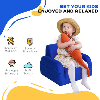 HOMCOM 2 w 1 Fotel dziecięcy Sofa rozkładana z wyściełaną drewnianą ramą sypialniana w kolorze niebieskim