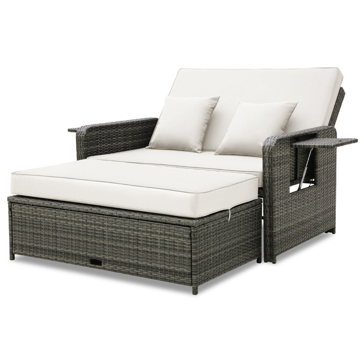 Wicker Loveseat Sofa with Multipurpose Ottoman and Retractable Side Tray-White