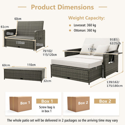 Wicker Loveseat Sofa with Multipurpose Ottoman and Retractable Side Tray-White