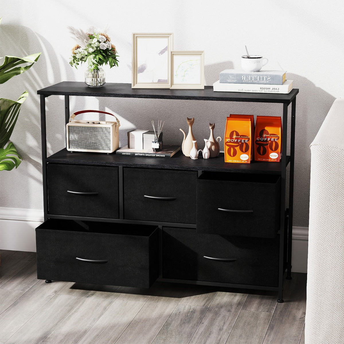 Wide Chest of Drawers with 2 Open Shelves and Heavy Duty Metal Frame-Black