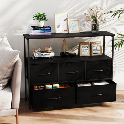 Wide Chest of Drawers with 2 Open Shelves and Heavy Duty Metal Frame-Black