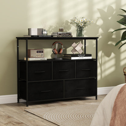 Wide Chest of Drawers with 2 Open Shelves and Heavy Duty Metal Frame-Black