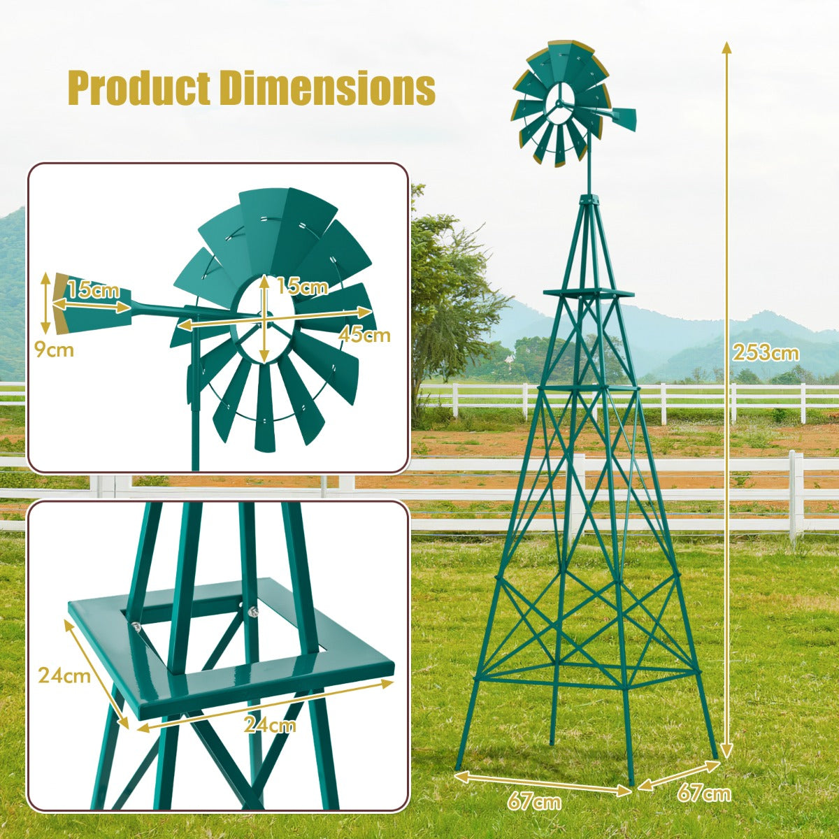 253cm Ornamental Windmill with 4 Support Legs for Backyard, Garden, Farm-Green
