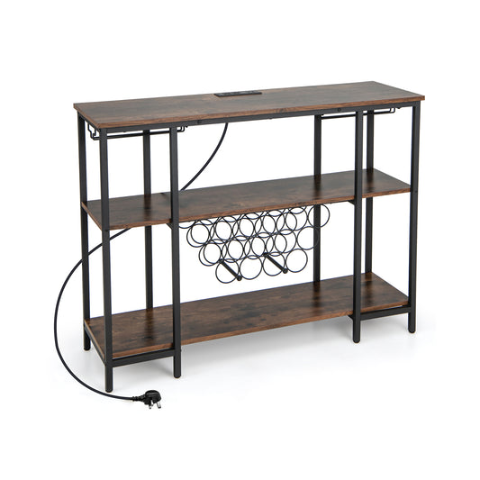 Wine Bar Cabinet Wine Rack with Bottle Racks and Storage Shelves-Brown