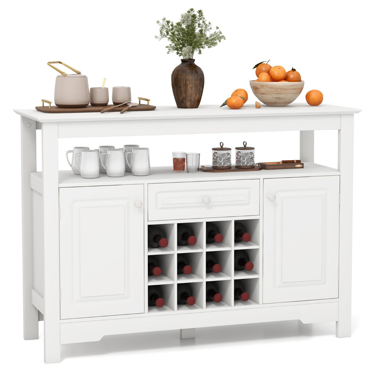 Wine Liquor Coffee Bar Cabinet with Removable Wine Rack for Kitchen Living Room-White